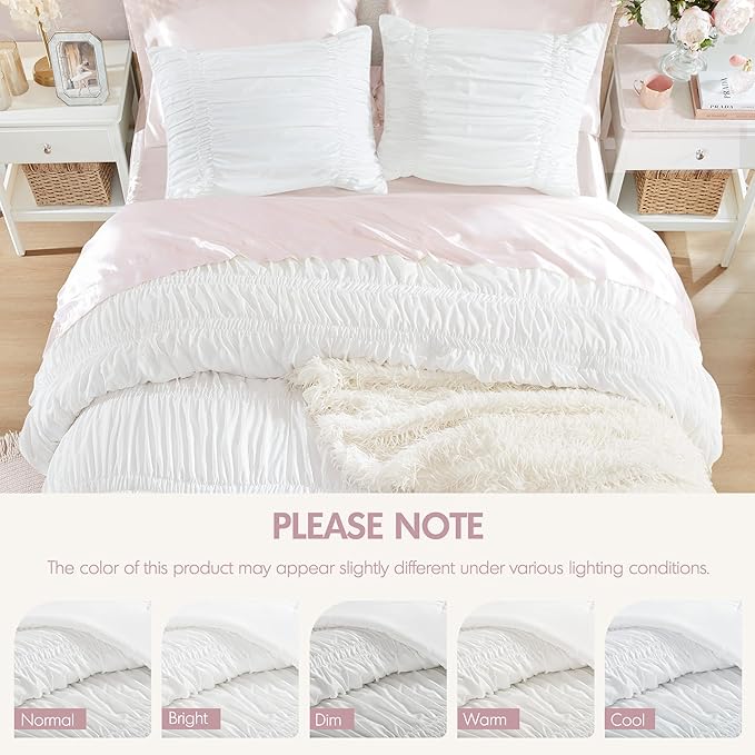 Intelligent Design King Comforter Set Ruched Shabby Chic Comforters for King Size Bed, All Season Lightweight Comforter King, French Country Bedding Set, Shams, Ella, King/Cal King, White, 3 Piece