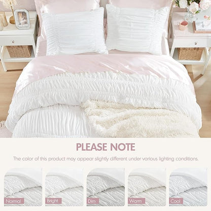 Intelligent Design King Comforter Set Ruched Shabby Chic Comforters for King Size Bed, All Season Lightweight Comforter King, French Country Bedding Set, Shams, Ella, King/Cal King, White, 3 Piece