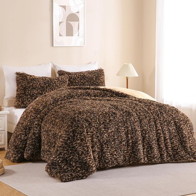 Leopard Print Fluffy Faux Fur Comforter Set Full Size, 3 Pieces Brown Cheetah Plush Shaggy Fuzzy Bedding Set, Ultra Soft Luxury Furry Boho Animal Print Winter Warm Comforter for Women Gilrs