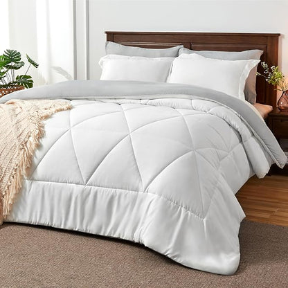 BEDELITE Twin XL Comforter Set 5 Pieces Bed in A Bag - Soft Microfiber Reversible Twin Extra Long White Bed Set with Comforters, Sheets, Pillowcase & Sham, Cozy Bedding Sets for College Dorm Room