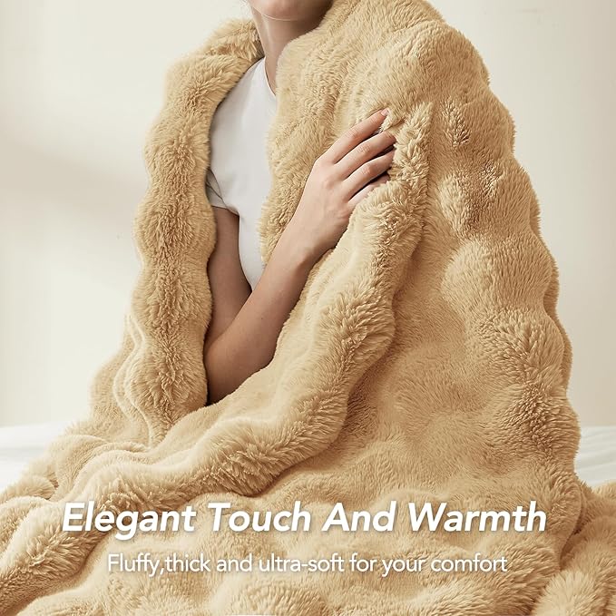 L'AGRATY Faux Rabbit Fur Blanket: 90" x 90" Queen Luxury Soft Fluffy Thick Fur Throw Blanket for Couch Bed - Cozy Plush Bubble Blankets for Winter: Flannel Fleece Decorative Blanket(Milk Tea Brown)