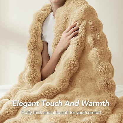 L'AGRATY Faux Rabbit Fur Blanket: 90" x 90" Queen Luxury Soft Fluffy Thick Fur Throw Blanket for Couch Bed - Cozy Plush Bubble Blankets for Winter: Flannel Fleece Decorative Blanket(Milk Tea Brown)