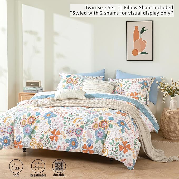 Blue Floral Cotton Comforter Twin Size - Vibrant Artistic Blooms & Boho Geometric Patterns, White & Soft Blue, 2PC Lightweight Bedding Sets with Down Alternative Fill(68"×90")