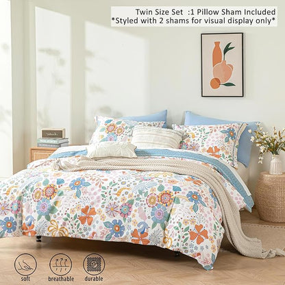 Blue Floral Cotton Comforter Twin Size - Vibrant Artistic Blooms & Boho Geometric Patterns, White & Soft Blue, 2PC Lightweight Bedding Sets with Down Alternative Fill(68"×90")