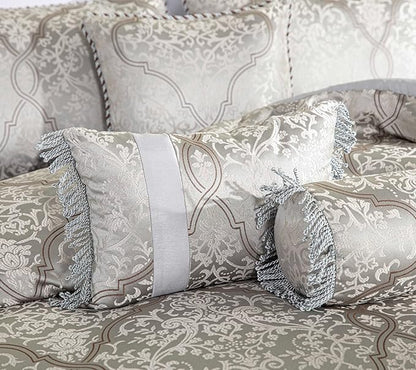 Chezmoi Collection Noelle 7-Piece Queen Bedding Set Silver Gray Brown Floral Medallion Jacquard Comforter Set, Queen Size