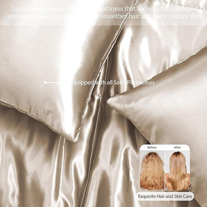 Whale Flotilla 2-Piece Reversible Silky Soft Twin Size Comforter Bedding Set, Luxurious Satin Comforters with Satin Pillowcase, Lightweight Duvet for All Seasons, Champagne