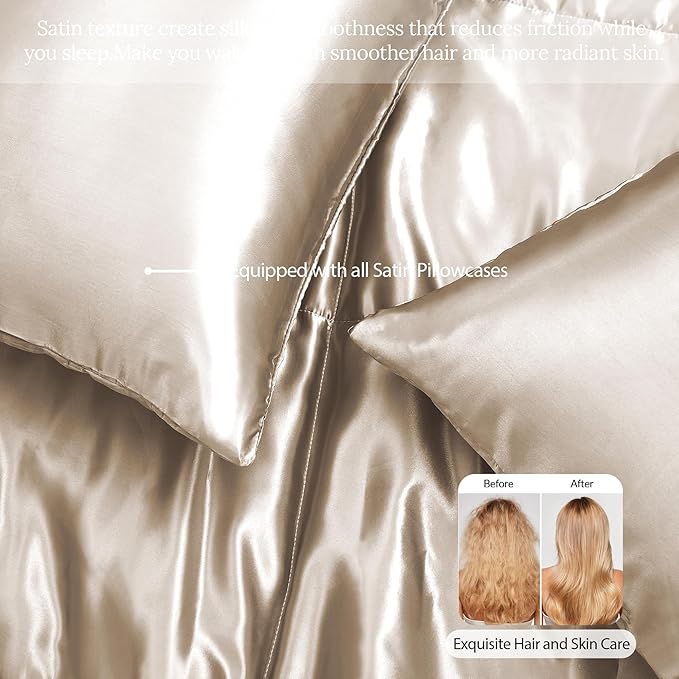 Whale Flotilla 3-Piece Reversible Silky Soft Queen Comforter Bedding Set, Luxurious Satin Comforters Full Size with 2 Satin Pillowcases, Lightweight Duvet for All Seasons, Champagne