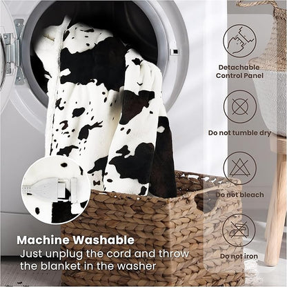 Cow Print Heated Blanket Full-Heating Electric Blanket Full with 10 Heat Levels & 10 Hours Auto-Off, Cozy Soft Fleece Sherpa, Washable, 72 x 84 Inches Cow Print White
