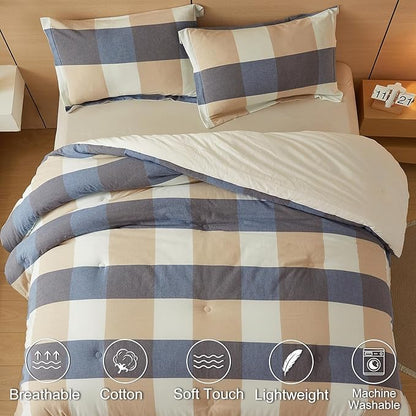 100% Cotton Comforter Set King Size – Reversible Yarn-Dyed Checkered Design, Soft Washed Cotton on Both Sides, Lightweight All-Season Bedding, Machine Washable(Blue White Plaid, 104”x90”)