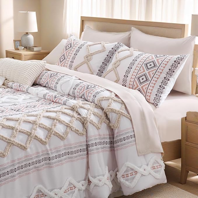 MOVE OVER Beige Tufted Comforter Set Queen Size 5 Pieces Bohemian Style Geometric Tufted Bedding Set Farmhouse Boho Aztec Comforter Set with 2 Decor Pillow Covers for Room Decor