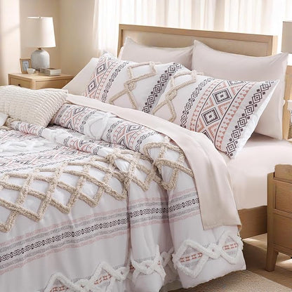 MOVE OVER Beige Tufted Comforter Set King 5 Pieces Shabby Chic Boho Bedding Set 100% Soft Microfiber Aztec Comforter Set Modern Style Ethnic Boho Tufted Bed Set for All Seasons