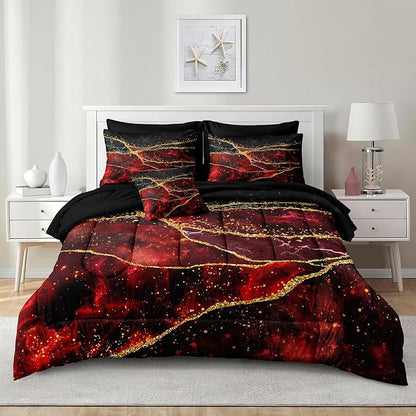 Black Gold Comforter Set 8 Pcs Red Marble Bedding Queen Size Bed in A Bag Stone Texture Abstract Room Decor