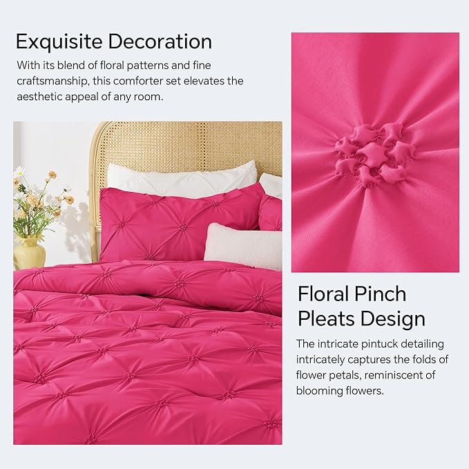 BEDELITE Hot Pink Queen Comforter Set - 3 Pieces Boho Pintuck Bedding Comforter Sets, Lightweight Soft & Warm Bed Comforter Queen with 2 Pillowcases for All Season