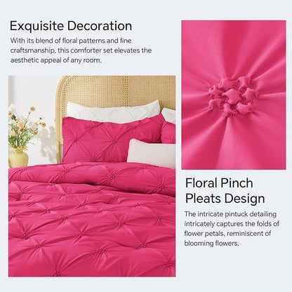 BEDELITE Hot Pink King Size Comforter Set - 3 Pieces Boho Pintuck Bedding Comforter Sets, Lightweight Soft & Warm King Bedding Set with 2 Pillowcases for All Season