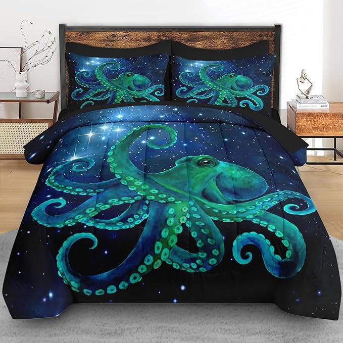 Comforter Set Full Size, Blue Octopus Sea 7 Pcs Bedding for Kids and Adults, Space Colorful Star Bed Sheet Sets with Fitted Sheet 2 Pillowcases & 2 Shams for Bedroom Bed Decor