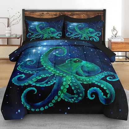 Comforter Set Twin Size, Blue Octopus Sea 5 Pcs Bedding for Kids and Adults, Space Colorful Star Bed Sheet Sets with Fitted Sheet Pillowcase & Sham for Bedroom Bed Decor