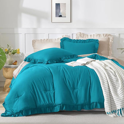 Andency Oversized King Comforter Set 128x120, 3 Pieces Turquoise Ruffle Shabby Chic Famhouse Bedding Set for Women, Lightweight Fluffy Super King Plus Bed Set for Girls