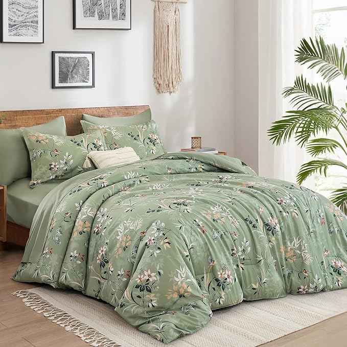 Green King Comforter Size Set, 7 Pieces Floral Bed in a Bag Bedding Sets, Lightweight Soft Comforter and Sheet Set, All Season Microfiber Flower Bedding Sets