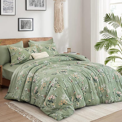 Green King Comforter Size Set, 7 Pieces Floral Bed in a Bag Bedding Sets, Lightweight Soft Comforter and Sheet Set, All Season Microfiber Flower Bedding Sets