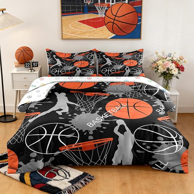 Bodhi Basketball Kids Bedding Sets,Twin Size Basketball Comforter Sets for Boys,5 Pcs Kids Sports Basketball Bedding Sets,Bed in A Bag (1 Comforter,1 Flat Sheet,1 Fitted Sheet,2 Pillowcases)