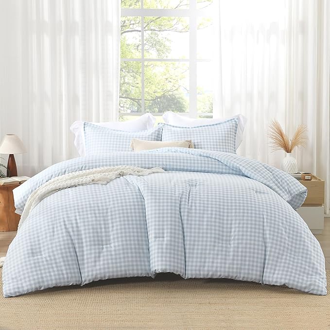 Andency Light Blue Gingham Comforter Set Queen(90x90Inch), Checkered Grid Plaid Buffalo Bed Set for Girls Boys Kids Teens, 3 Pieces Lightweight Microfiber Geometric Preppy Bedding
