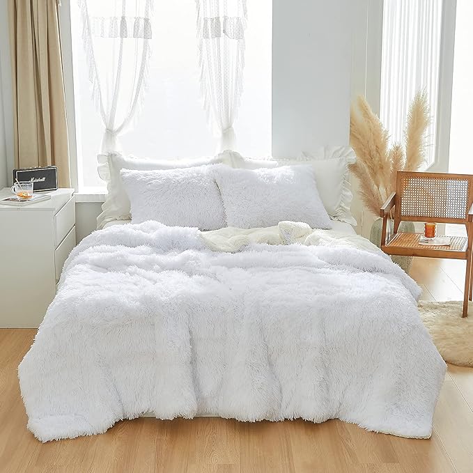 Joyreap 3-Piece Plush Shaggy Comforter Set, King Size Luxury Faux Fur Sherpa Reversible Bedding Comforter Set, Ultra Cozy Warm Fluffy Bedding Set for Winter (Raw White, 100x88 inches)