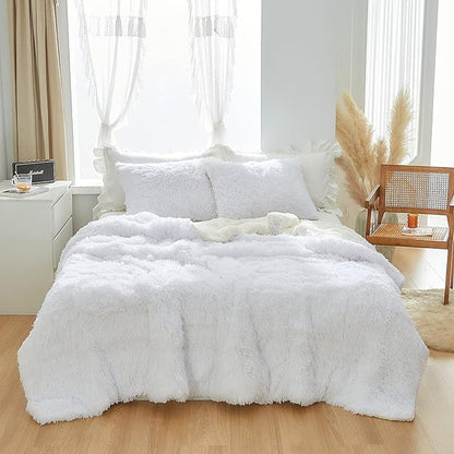 Joyreap 3-Piece Plush Shaggy Comforter Set, King Size Luxury Faux Fur Sherpa Reversible Bedding Comforter Set, Ultra Cozy Warm Fluffy Bedding Set for Winter (Raw White, 100x88 inches)