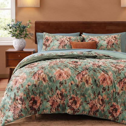 CASAAGUSTO King Comforter Set, 7 PCS Sage & Red Floral Comforter Set with Flowers Leaves Pattern, Soft Velvet Design for Winter King Size Bedding Set(102"X90")