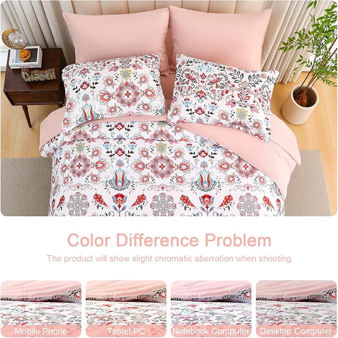 Boho Comforter Set King - 7 Pieces Bed in a Bag Floral Design, Bohemian Comforter Set with Sheets, Soft Microfiber Complete Bedding Sets All Season (Light Pink, King)