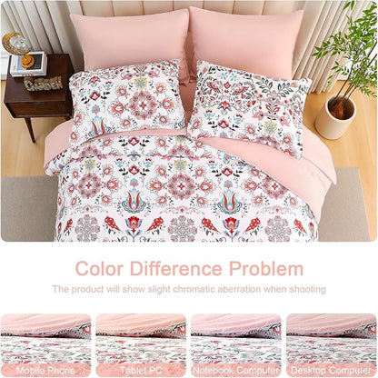 Boho Comforter Set King - 7 Pieces Bed in a Bag Floral Design, Bohemian Comforter Set with Sheets, Soft Microfiber Complete Bedding Sets All Season (Light Pink, King)
