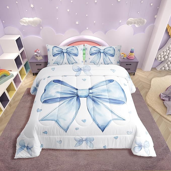 Erosebridal Cute Blue Bowknot Bedding Set Toddler for Kids Girls Teen Women,Kawaii Dreamy Bow Comforter Set Princess Style Blue White Heart Decor Bedding Comforter Sets Soft Breathable Quilt Duvet