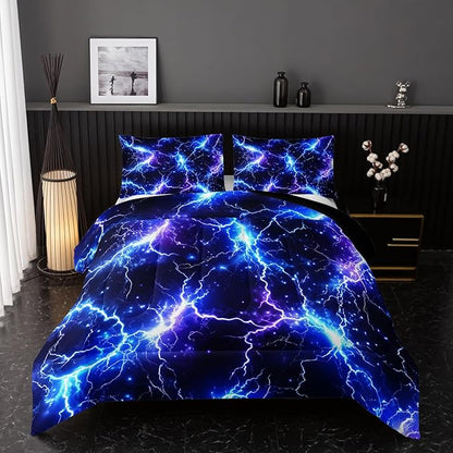 Blue Lightning Comforter Set Full Size Bed in A Bag,Lightning Bedding Set for Teen Adult Blue Room Decor Ultra-Soft Lightweight Microfiber with 2 Pillowcases