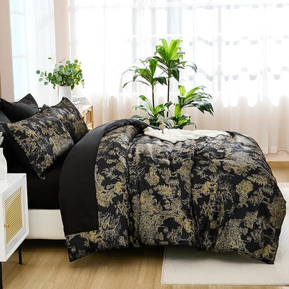 DJY Black Comforter Set King, 7 Pieces Black and Gold Botanical Comforters King Size Bed in a Bag Elegant Plants Print with Sheets Soft Microfiber Complete Bedding Sets for All Season