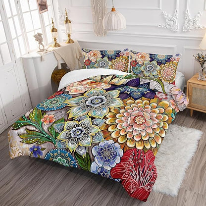 3 Piece Boho Floral Bedding Set,Colorful Flowers Comforter Set,Bohemian Reversible Down Alternative Bed Sets,Full Size Soft Microfiber Flower Duvet Vintage Bedding in a Bag for Women Men