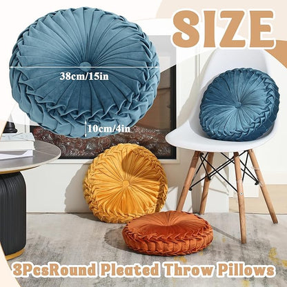 3 Pcs Round Throw Pillows Decorative Velvet Pleated Throw Pillows 15'' Diameter Accent Pumpkin Boho Chair Cushion for Couch Sofa Home Decoration (Yellow, Brown, Blue)