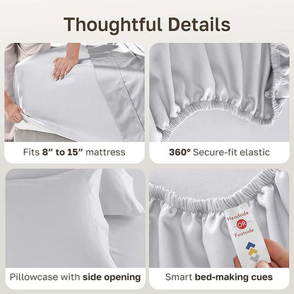 California Design Den Hotel Quality Twin Size Sheets Set - Luxury 600 Thread Count Sateen, Natural 100% Cotton, Fully Elasticized Deep Pocket Twin Sheets Set Cotton, Cool and Durable - Light Silver