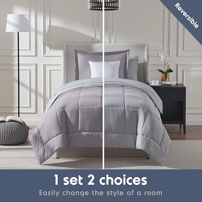 Nestl 5 Piece Twin Comforter Set – Grey Lavender Reversible Bed in a Bag – Complete Twin Size Bedding Set with Sheets, Pillowcase and Sham
