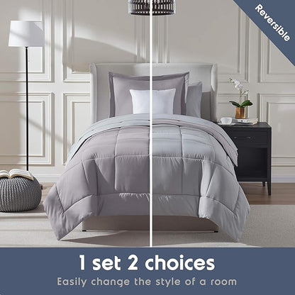 Nestl 5 Piece Twin Comforter Set – Grey Lavender Reversible Bed in a Bag – Complete Twin Size Bedding Set with Sheets, Pillowcase and Sham