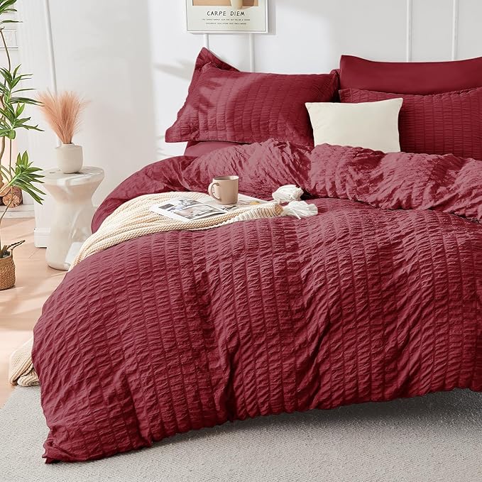 HYMOKEGE Burgundy California King Comforter Set Seersucker 7 Pieces, All Season Luxury Bed in a Bag for Bedroom, Bedding Set with Comforters, Sheets, Pillowcases & Shams