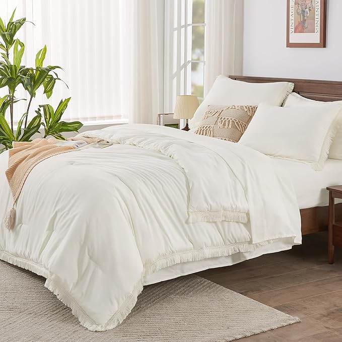 Andency Ivory Queen Size Comforter Set with Sheets - 7 Pieces Boho Tassel Bed in a Bag Soft Lightweight Bedding Sets, Ivory Fringe Bed Set with Comforter, Sheets, Pillowcases & Shams