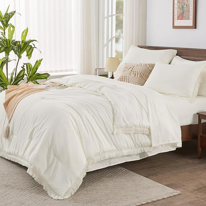 Andency Ivory Queen Size Comforter Set with Sheets - 7 Pieces Boho Tassel Bed in a Bag Soft Lightweight Bedding Sets, Ivory Fringe Bed Set with Comforter, Sheets, Pillowcases & Shams
