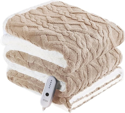 Electric Heated Blanket, 3D Pattern Design, Twin Size Sherpa Super Cozy Heated Blanket with 5 Heating Levels & 10 Hours Auto Off, Beige