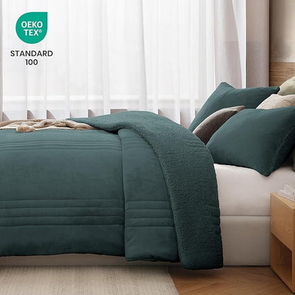 Monbix Fluffy King Size Comforter Set – 3 Piece Cozy Sherpa Comforter King Size Teal, Winter Warm Fleece Bedding Set, Luxury Coco Plush Winter Fuzzy Bed Set, 1 Comforter with 2 Pillowcases
