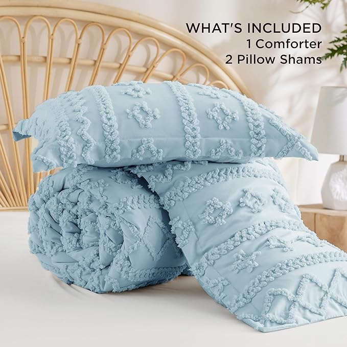 Bedsure Tufted Boho Comforter Set King Size - Light Blue Boho Bed Set, GentleSoft™ 3 Pieces Farmhouse Shabby Chic Embroidery Bedding, Gifts for Woman, Soft Jacquard King Comforter for All Seasons