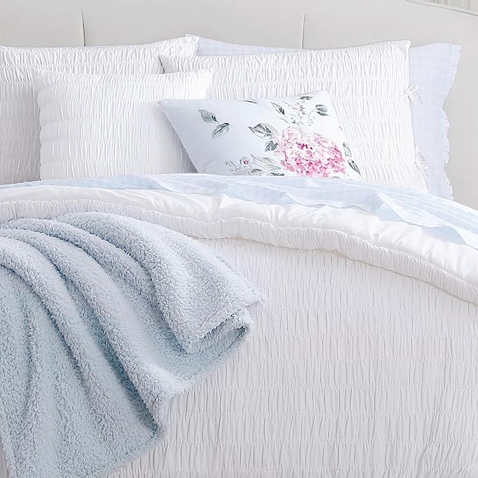 Shabby Chic® - King 3-Piece Comforter Set, Reversible Cotton Bedding with Matching Shams, Seersucker Shirring Home Decor for All Seasons (Aiden White, King)