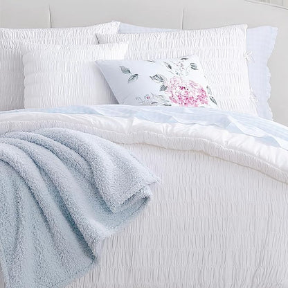 Shabby Chic® - King 3-Piece Comforter Set, Reversible Cotton Bedding with Matching Shams, Seersucker Shirring Home Decor for All Seasons (Aiden White, King)
