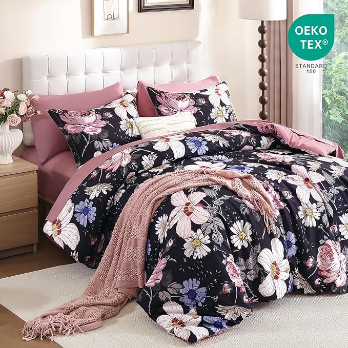 Luxudecor Queen Comforter Set 7 Pieces Bedding Sets,Black Pink Floral Comforter and Sheet Set,Soft Microfiber Bed in a Bag for All Seasons (Black Pink,90"x90")