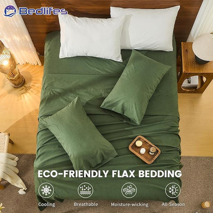Bedlifes 100% French Pure Linen Sheets California King Size Breathable and Cooling Flax Sheet Set Soft Durable and Moisture Wicking 16 Inch Deep Pocket-4 Piece(Cal King,Forest Green)