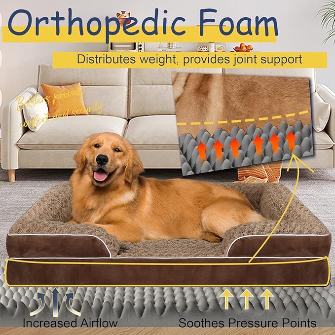 Orthopedic Dog Bed for Large Medium Sized, Washable Memory Foam Large Dog Bed, Durable Medium Pet Sofa with Removable Cover, Washable Waterproof Pet Couch Beds(Brown, XXL)