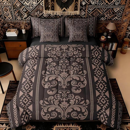 Comforter Set Queen Size, Pale Brown Damask Aztec 7 Pcs Bedding for Kids and Adults, Antique Decor Western Baroque Gothic Bed Sheet Sets with Fitted Sheet 2 Pillowcases & 2 Shams for Bedroom Bed Decor
